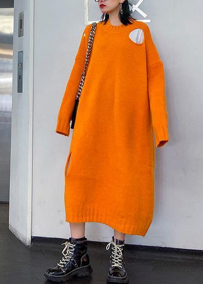 Winter Orange Sweater Knit Dress Street Style O Neck Hole Largo Sweater Dress