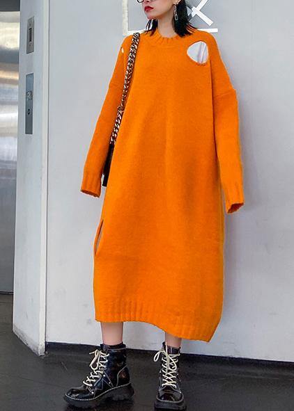 Winter Orange Sweater Knit Dress Street Style O Neck Hole Largo Sweater Dress