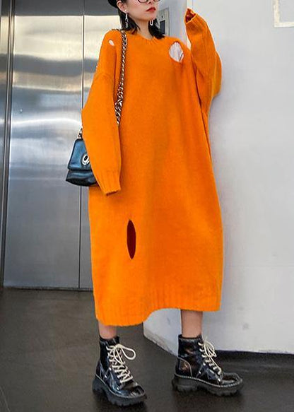 Winter Orange Sweater Knit Dress Street Style O Neck Hole Largo Sweater Dress