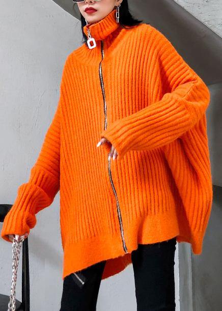 Winter Orange Knit Tops High Neck Zippered Knit Blouse