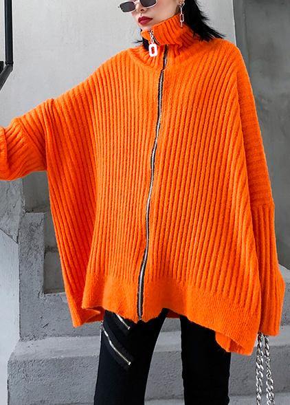 Winter Orange Knit Tops High Neck Zippered Knit Blouse
