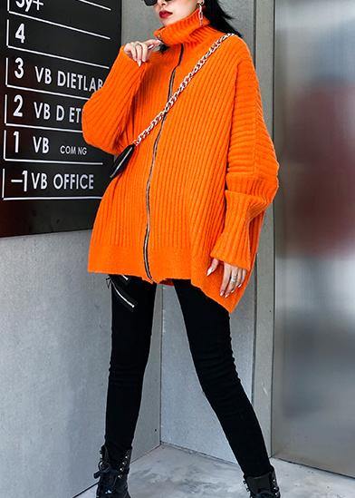 Winter Orange Knit Tops High Neck Zippered Knit Blouse