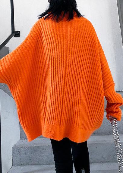 Winter Orange Knit Tops High Neck Zippered Knit Blouse