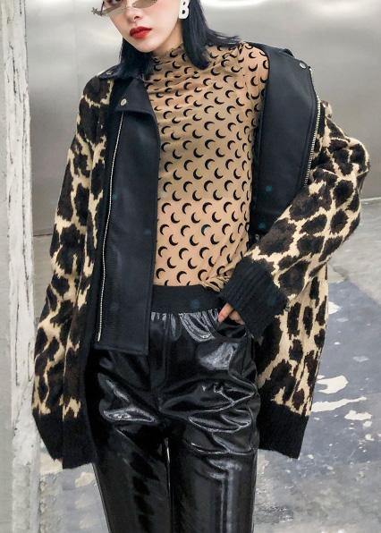 Winter Patchwork Knit Outwear Clothing Leopard False Two Pieces Knit Coats