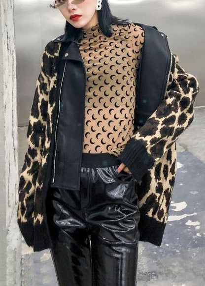 Winter Patchwork Knit Outwear Clothing Leopard False Two Pieces Knit Coats
