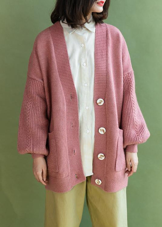 Winter Pink V Neck Knit Sweat Pockets Tops