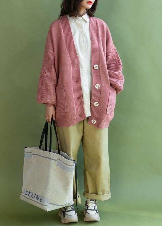 Winter Pink V Neck Knit Sweat Pockets Tops