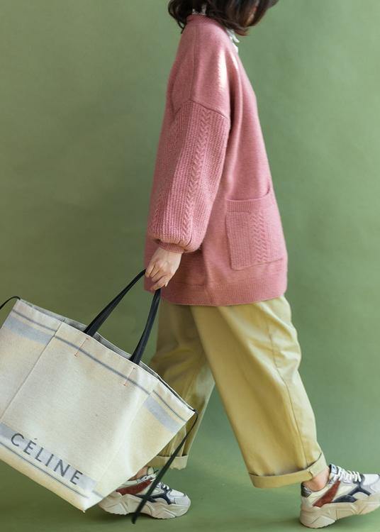 Winter Pink V Neck Knit Sweat Pockets Tops