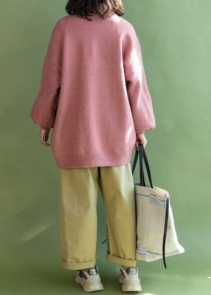 Winter Pink V Neck Knit Sweat Pockets Tops