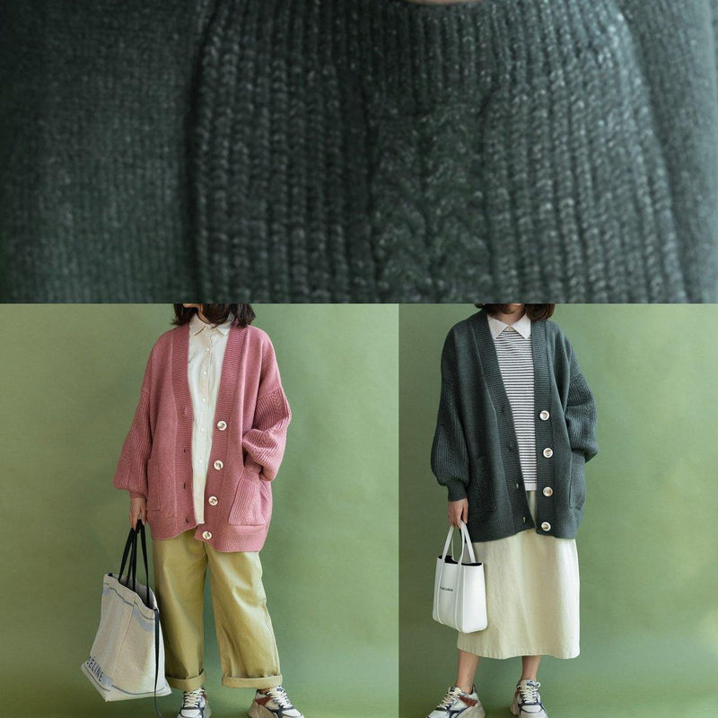Winter Pink V Neck Knit Sweat Pockets Tops