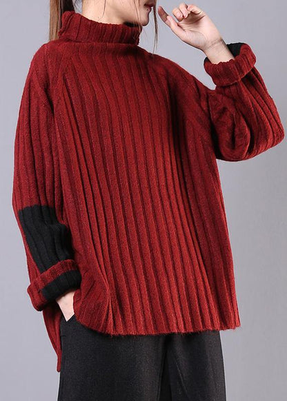 Winter Red Knitwear High Neck Baggy Sweater Tops