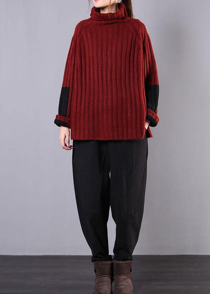 Winter Red Knitwear High Neck Baggy Sweater Tops