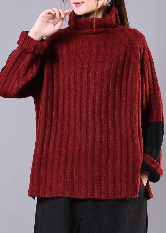 Winter Red Knitwear High Neck Baggy Sweater Tops