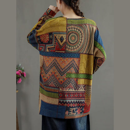 Winter Abstract Pattern Knitted Blouse O Neck Knitted T Shirt