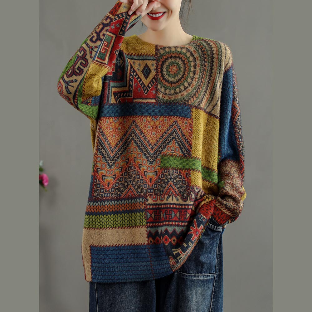 Winter Abstract Pattern Knitted Blouse O Neck Knitted T Shirt