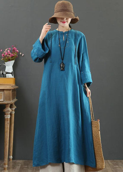 Stand Collar Pockets Spring Clothes Work Navy Long Dress