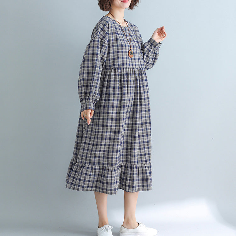 Apparel Loose Plaid Dress Cotton Linen Dresses