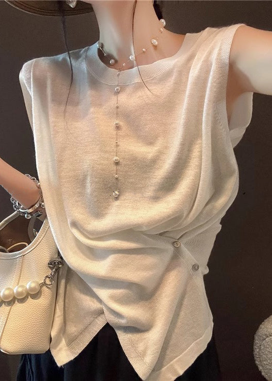 Apricot Asymmetrical Button Side Open Knit Tanks Sleeveless