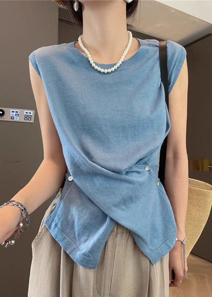 Apricot Asymmetrical Button Side Open Knit Tanks Sleeveless