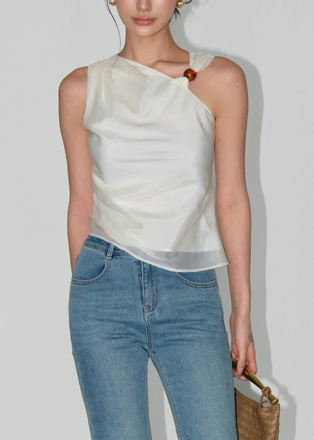 Apricot Asymmetrical Design Silk Top Sleeveless