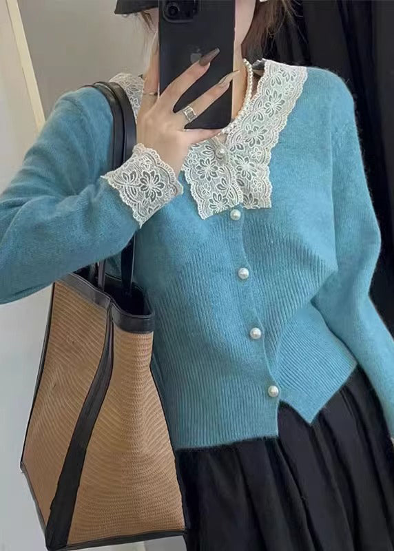 Apricot Button Lace Patchwork Cotton Knit Coats Fall