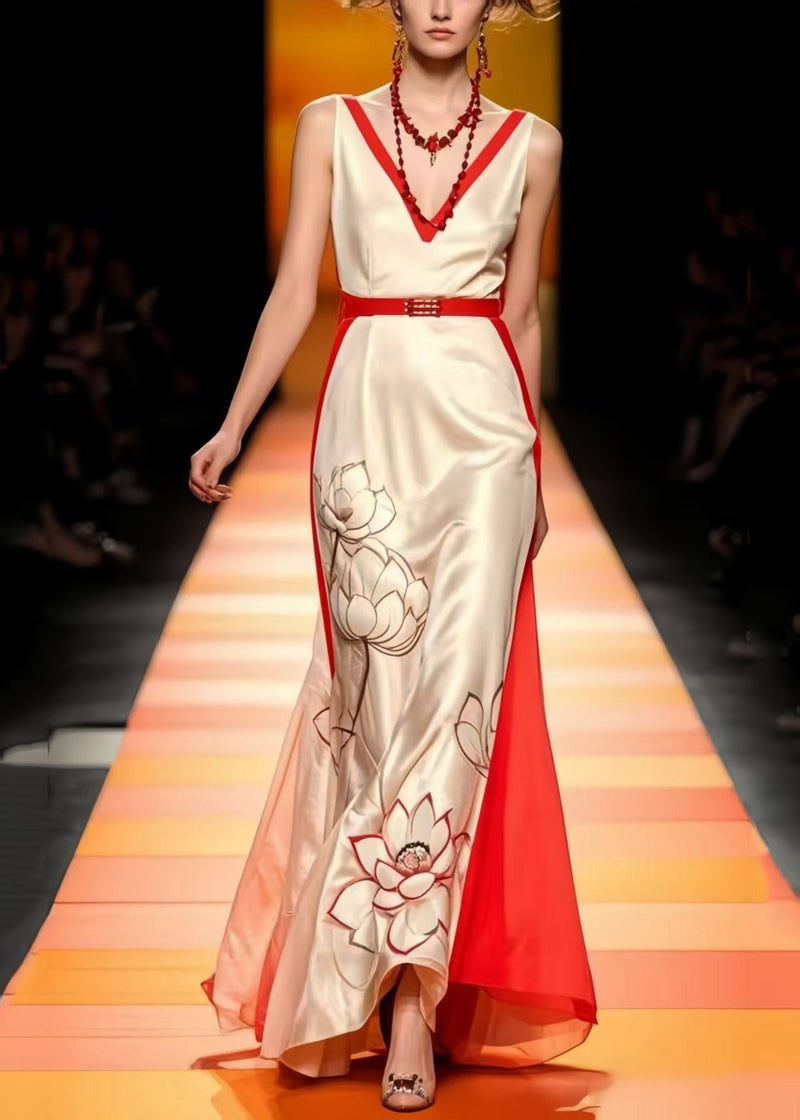 Apricot Cinched Patchwork Silk Vestidos Dress Sleeveless