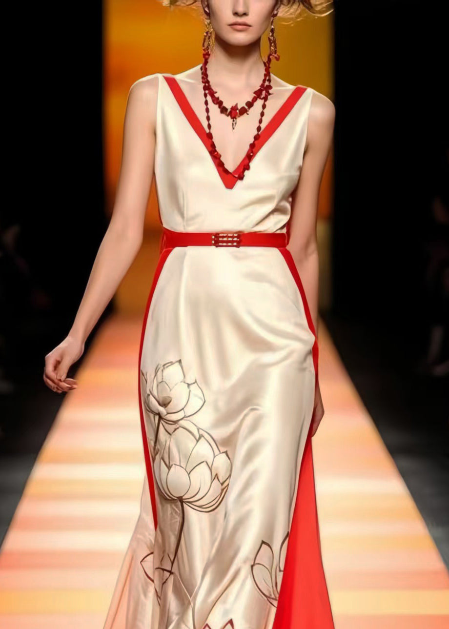 Apricot Cinched Patchwork Silk Vestidos Dress Sleeveless