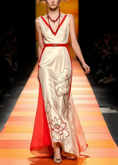 Apricot Cinched Patchwork Silk Vestidos Dress Sleeveless