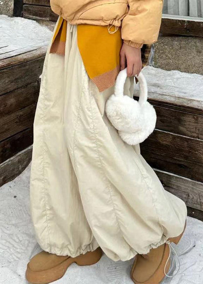 Apricot Drawstring Elastic Waist Cotton Filled Wide Leg Pants Winter