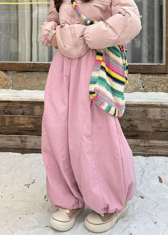 Apricot Drawstring Elastic Waist Cotton Filled Wide Leg Pants Winter