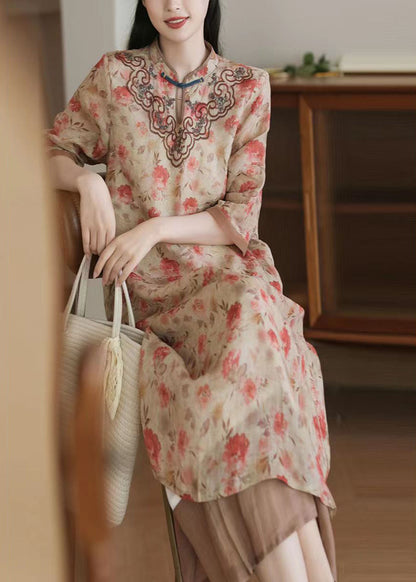 Apricot Embroideried Print Patchwork Linen Dresses Half Sleeve
