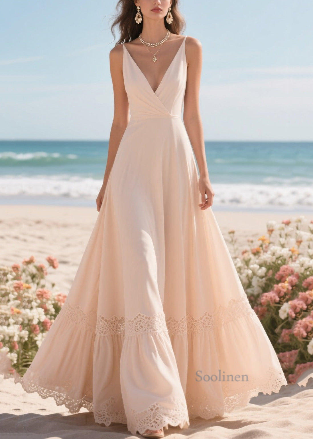 Apricot Exra Large Hem Patchwork Lace Holiday Dress Summer