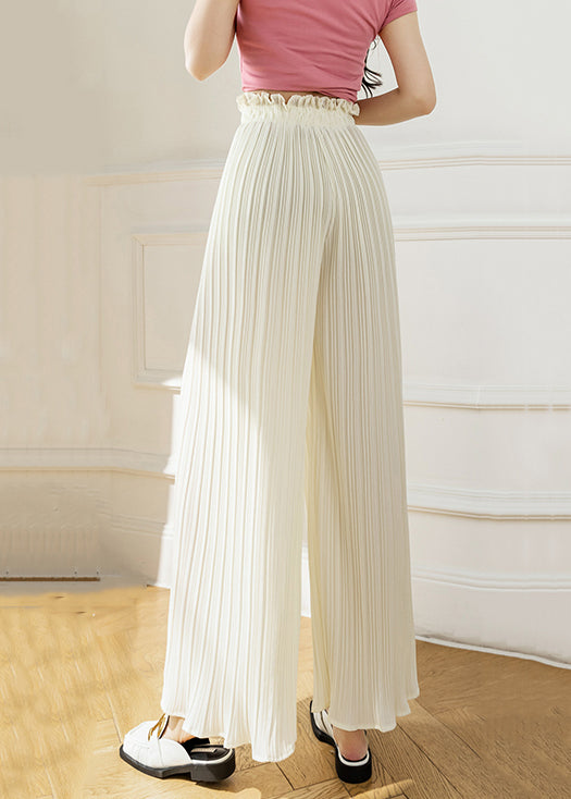 Apricot Lace Up Wrinkled Elastic Waist Chiffon Crop Pants