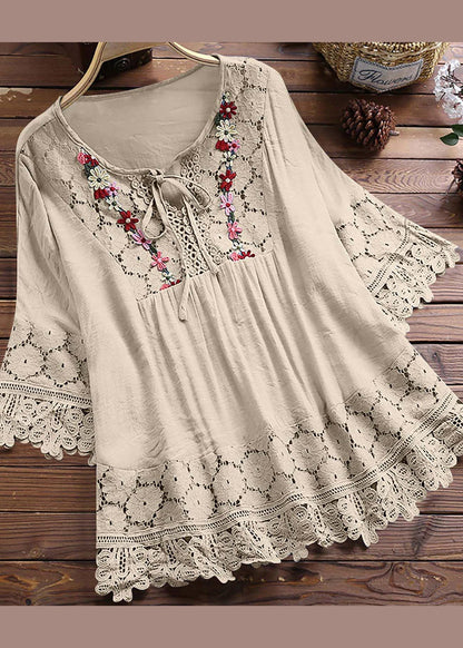 Apricot O Neck Patchwork Lace T Shirt Summer