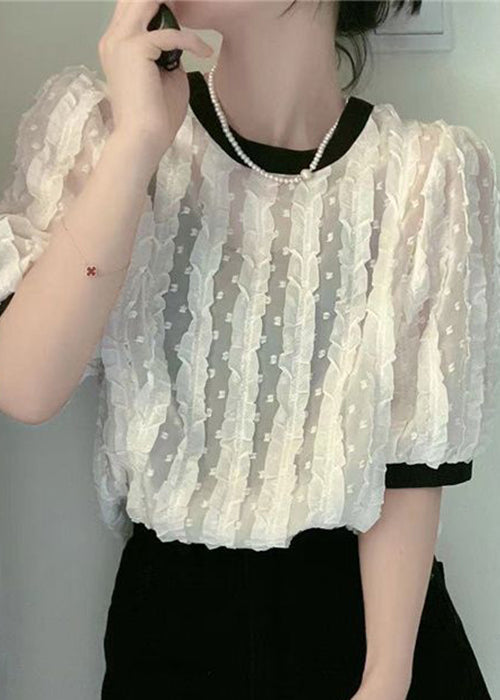 Apricot O-neck Ruffled Patchwork Chiffon Shirt Summer