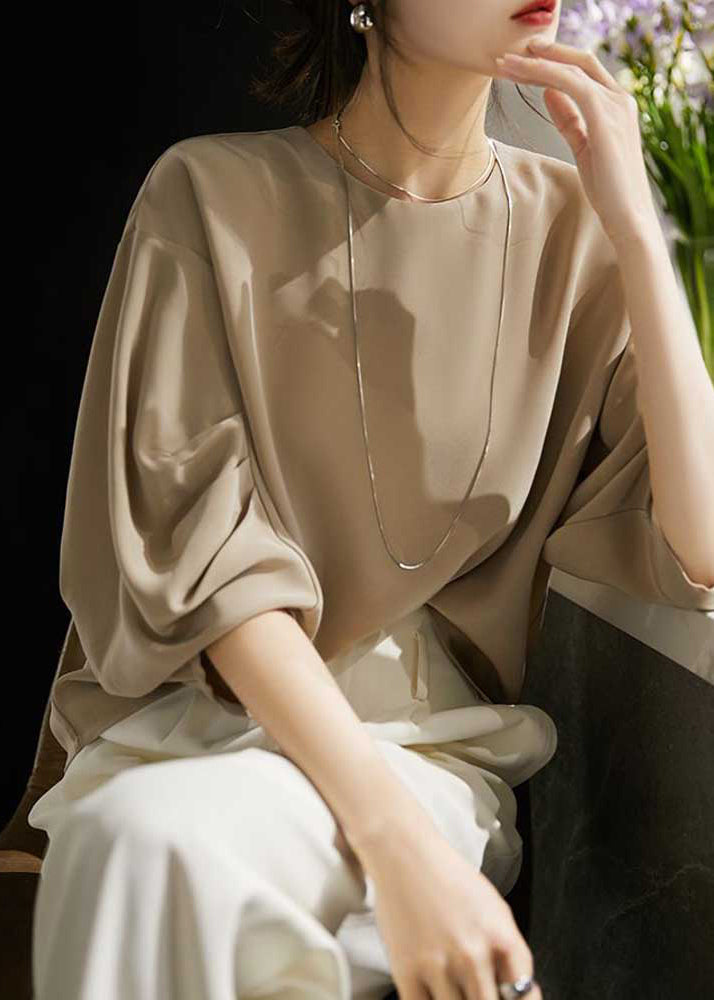 Apricot O-neck Wrinkled Chiffon Top Long Sleeve