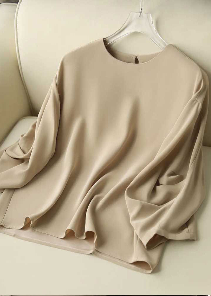 Apricot O-neck Wrinkled Chiffon Top Long Sleeve