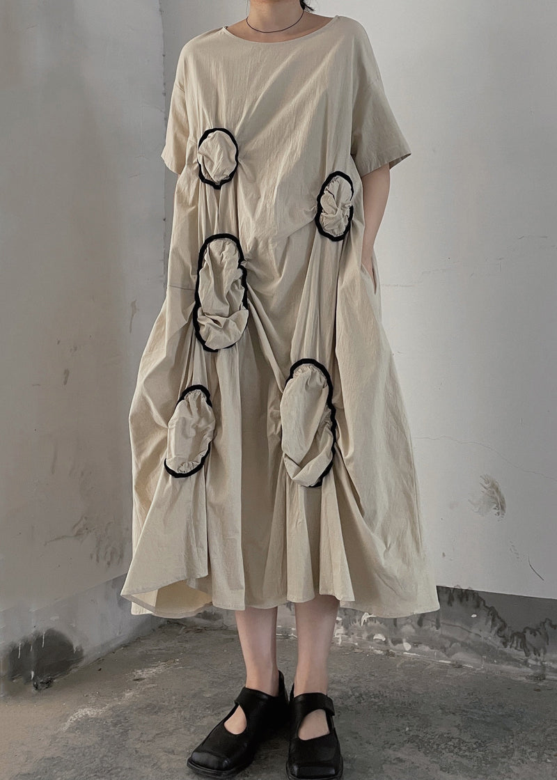 Apricot O Neck Wrinkled Patchwork Cotton Long Dresses Summer