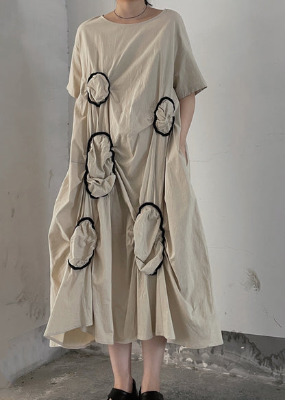 Apricot O Neck Wrinkled Patchwork Cotton Long Dresses Summer