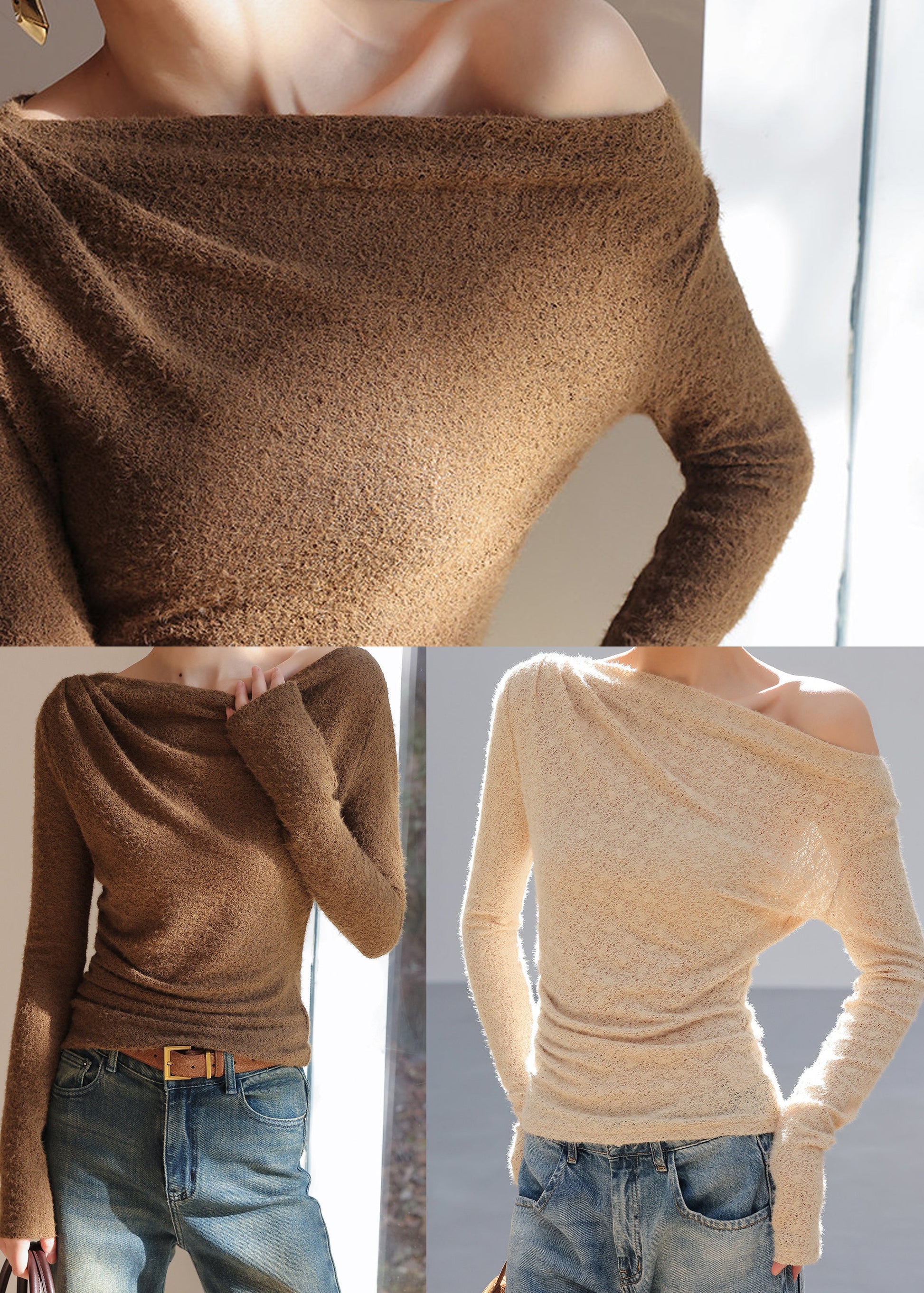Women Apricot One Shoulder Knit Tops Spring