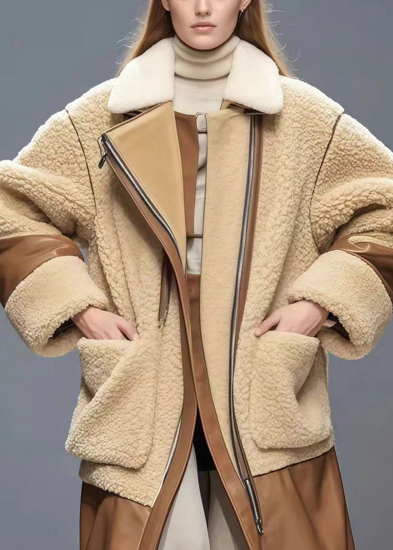 Apricot Oversized Patchwork Fuzzy Fur Coats Winter