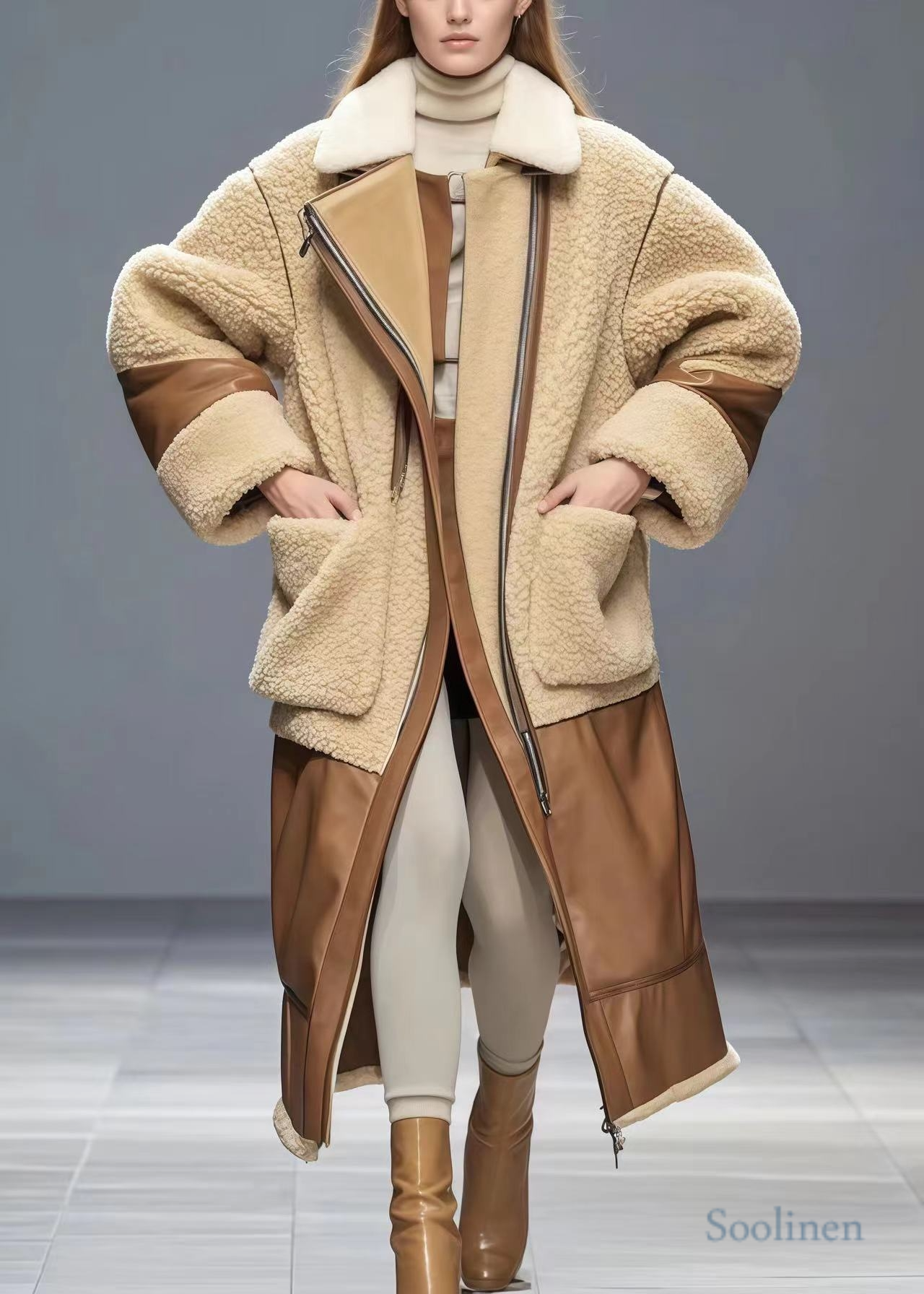 Apricot Oversized Patchwork Fuzzy Fur Coats Winter