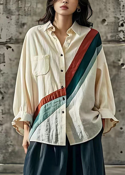 Women Apricot Peter Pan Collar Striped Patchwork Top Long Sleeve