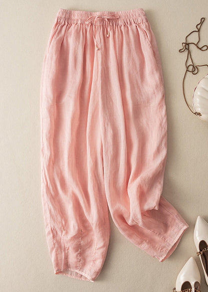Apricot Pockets Drawstring Linen Crop Pants Summer