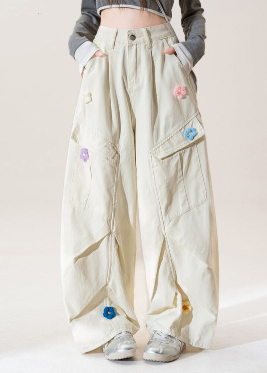 Apricot Pockets Wrinkled Denim Pants Spring