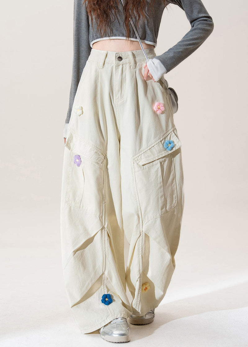 Apricot Pockets Wrinkled Denim Pants Spring