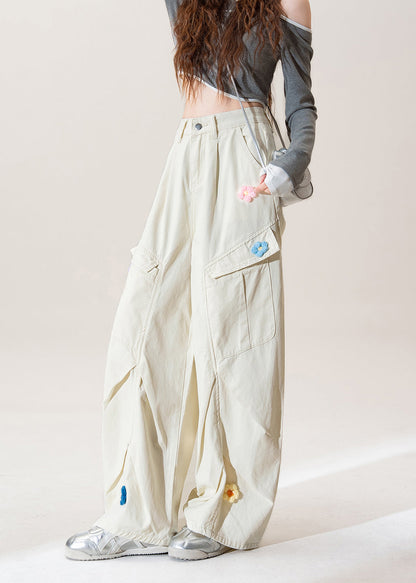 Apricot Pockets Wrinkled Denim Pants Spring