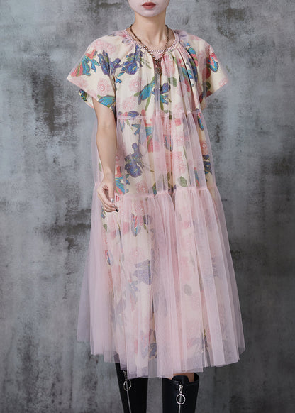 Apricot Print Tulle Work Dress Summer