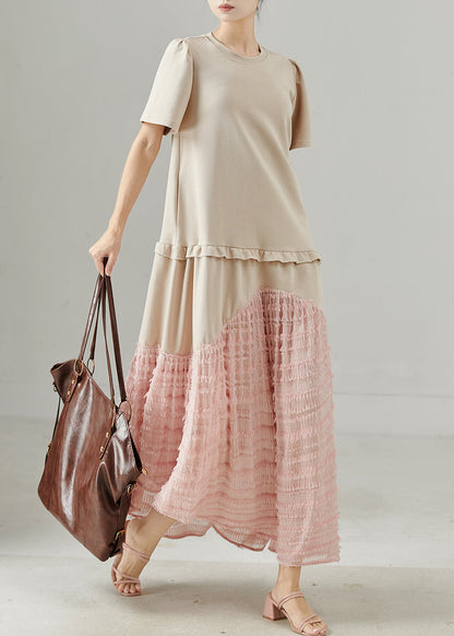 Apricot Ruffled Patchwork Cotton Maxi Dress Summer