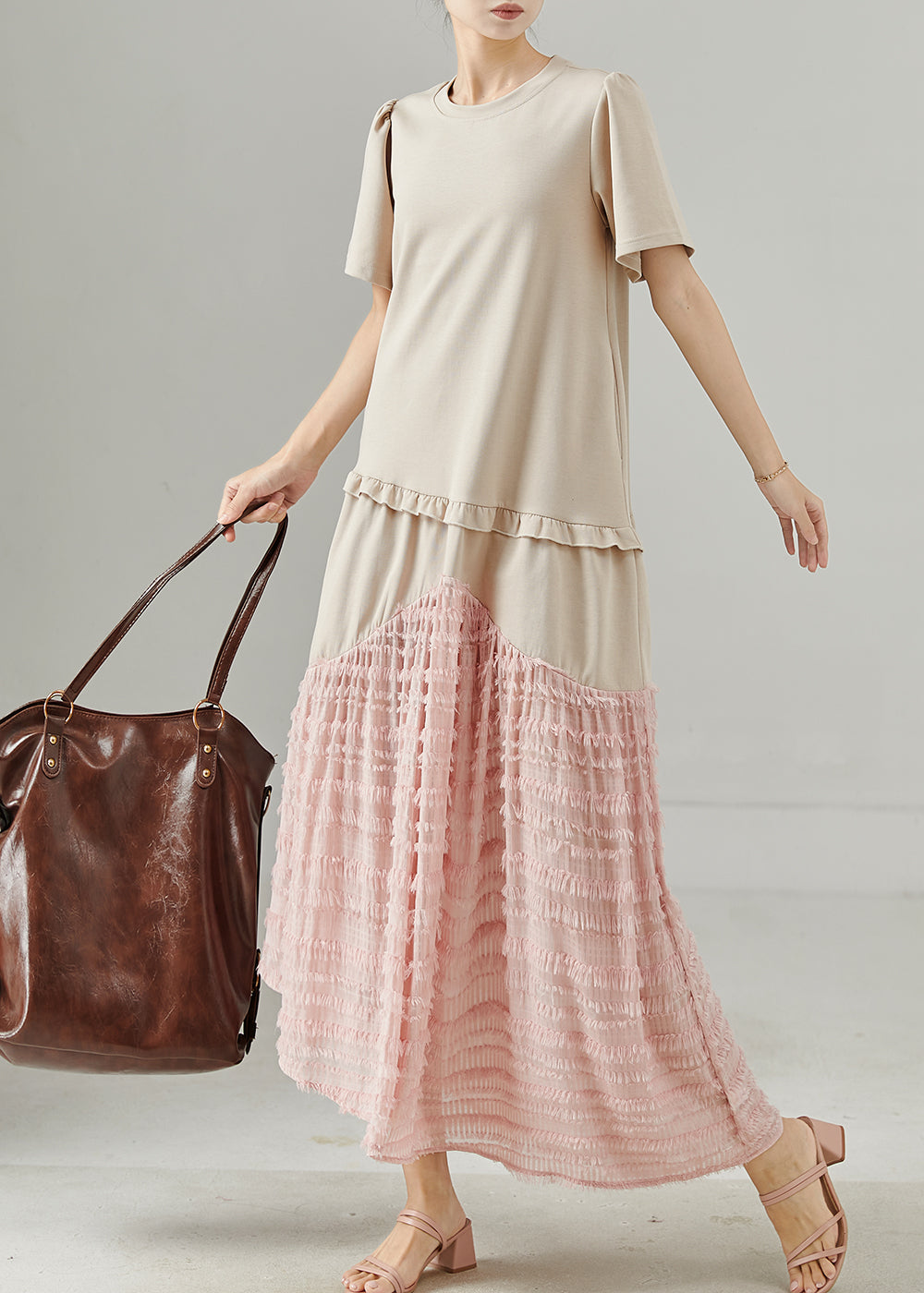 Apricot Ruffled Patchwork Cotton Maxi Dress Summer